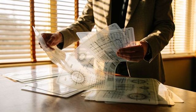 Architect reviewing and sorting translucent blueprints on sunlit drafting table with blinds