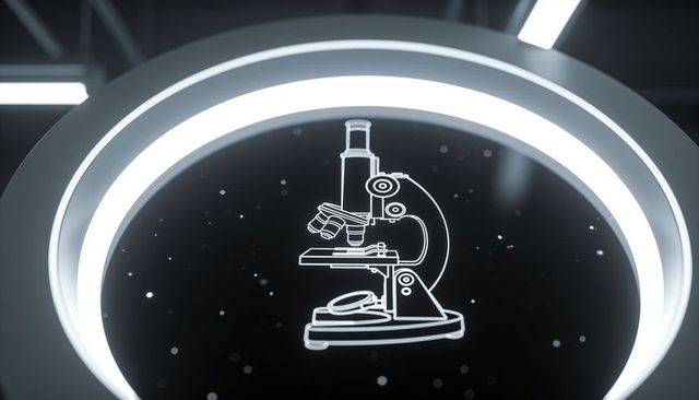 Neon-ring microscope outline displaying futuristic science concept on glossy black pedestal