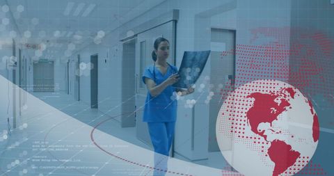 Healthcare professional analyzing x-ray in digital global context
