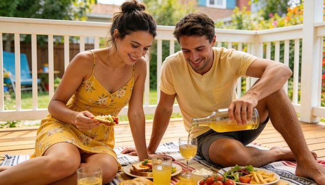 Couple enjoying sunny backyard picnic, pouring juice on deck, casual summer romance