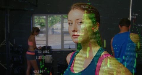 Woman in Gym with Financial Data Overlay, Fitness Meets Finance