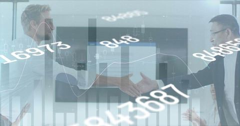 Businessmen Shaking Hands Amid Financial Data Projections