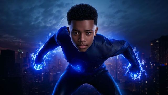 Electric-Powered Teenage Superhero on Digital Urban Rooftop