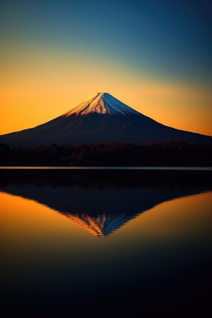 Image depicts Mount Fuji during sunset with its reflection on a calm lake. Suitable for travel promotions, nature-focused designs, backgrounds, and inspirational posters emphasizing serenity and beauty.