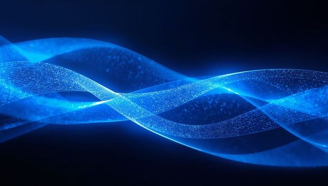 Flowing luminous blue ribbons intertwining with glowing particle mesh over deep navy background