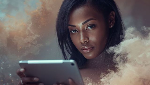 Moody Portrait of Woman Holding Tablet Amidst Swirling Smoke