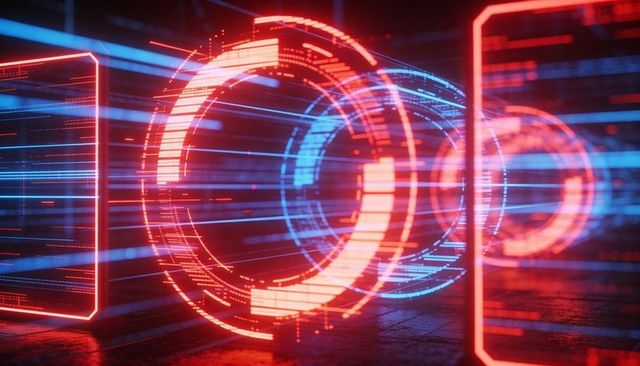 Rotating Neon Data Rings Pulsing Through Futuristic Virtual Tunnel with Holographic Frames