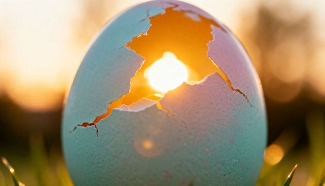 Sunlight streaming through cracked turquoise egg at golden hour