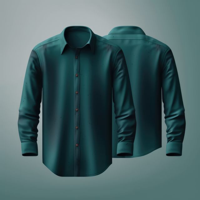 Teal long sleeve button-up shirt displayed in both front and back view. High quality, stylish and trendy apparel suitable for formal and casual occasions. Ideal for use in fashion, clothing, or retail websites as well as advertisements for men's wear.