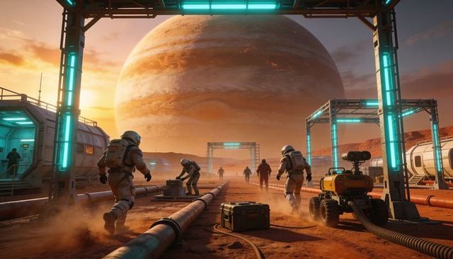 Astronauts inspecting alien colony pipeline at sunset under gas giant with cyan arches