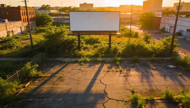 Blank billboard towering over overgrown urban lot casting long shadows at sunset