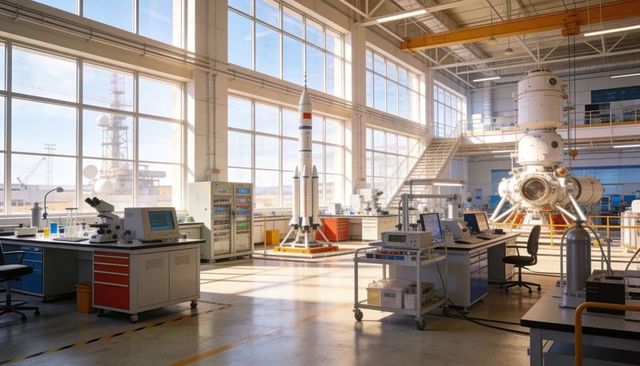 Sunlit aerospace workshop displaying slender launch vehicle model and spacecraft module
