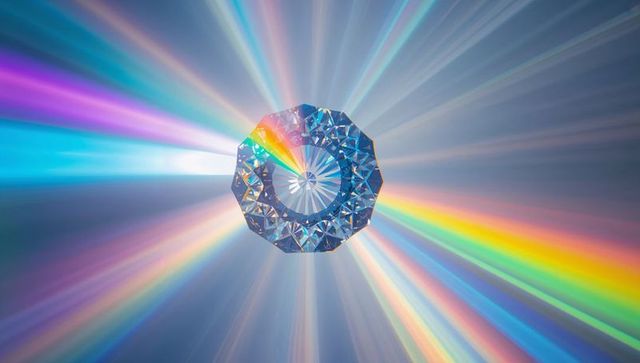 Faceted crystal prism refracting light into rainbow spectrum