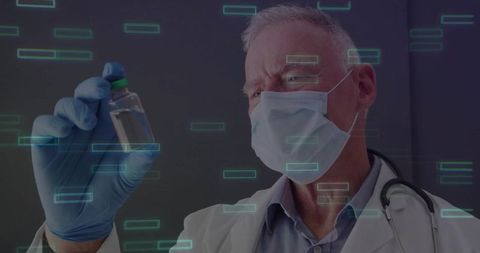 Doctor Analyzing Vial with Digital Innovation Visuals