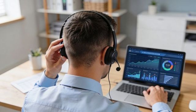 Remote analyst wearing headset monitoring real-time analytics dashboard on laptop