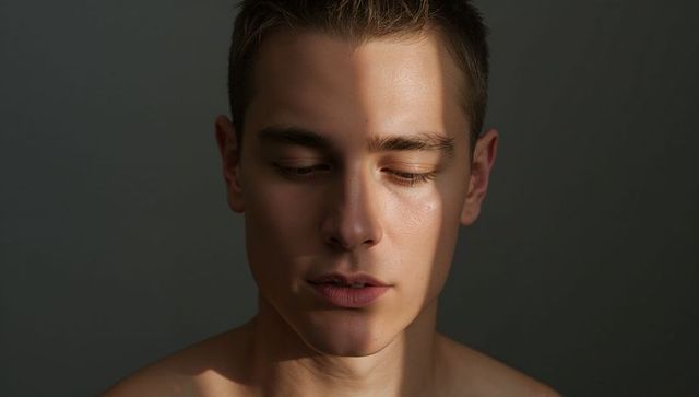 Moody Closeup Portrait of Shirtless Young Man with Dramatic Directional Light and Shadow