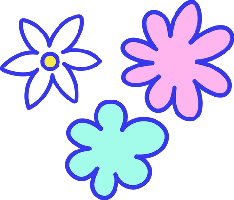Colorful stylized flowers with blue outlines on transparent background