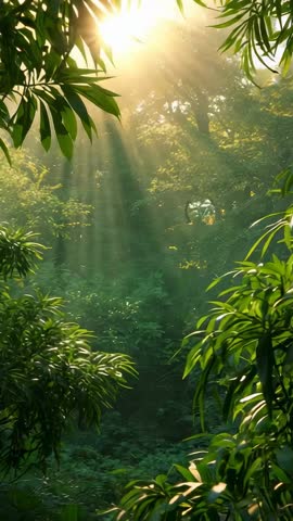 Sunbeams streaming through canopy into tranquil forest clearing vertical video