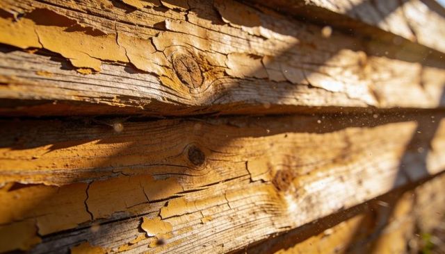 Sunlit peeling yellow paint on weathered horizontal wood planks showing texture and knots