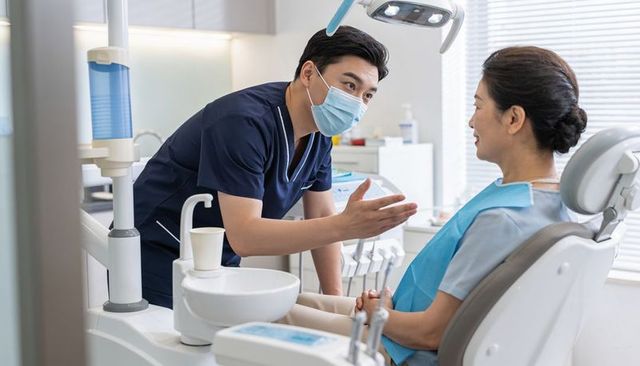 Dentist consulting patient in dental chair wearing mask and navy scrubs during consultation