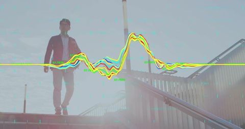 Urban commuter walking overpass stairs with waveform data overlay and lens flare