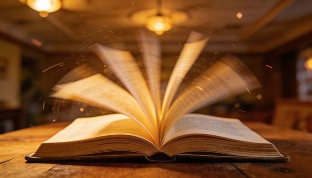 Hardcover book pages fanning and flipping on wooden table with warm hanging lights and dust motes