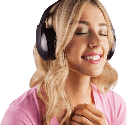 Smiling Woman with Headphones Experiencing Music in Transparent Background
