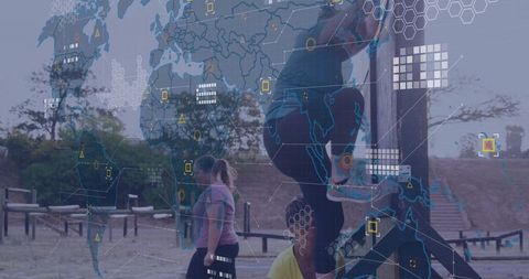 Woman Climbing Wooden Ladder at Outdoor Fitness Park