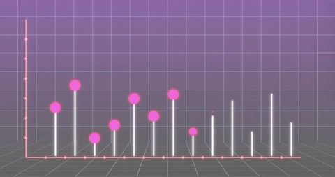 Neon retro 3d column chart with glowing baseline and pink data nodes