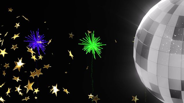 Bright and colorful fireworks exploding near a sparkling disco ball with golden stars scattered on a black background. Ideal for use in festive invitations, holiday greetings, event promotions, party decorations, New Year's Eve celebrations, and digital backgrounds.