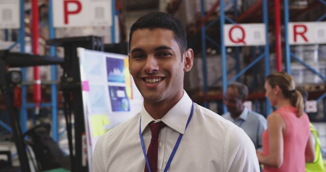 Businessman Smiling at Camera During Warehouse Meeting - Download Free Stock Images Pikwizard.com