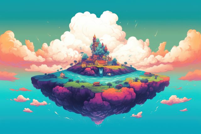 Island in the sky with river and town, created using generative ai technology. Fantasy and travel concept digitally generated image.