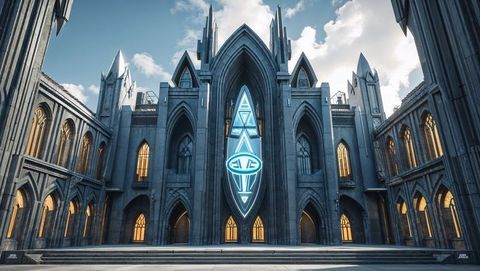 Majestic gothic cathedral facade with neon emblem