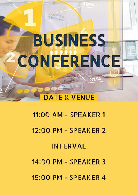 Image showcases a schedule for a business conference with timings for four speakers and an interval. Background features vivid digital presentation graphics and colleagues discussing in an office setting. Ideal for promoting business events, conferences, corporate meetings, and professional seminars.