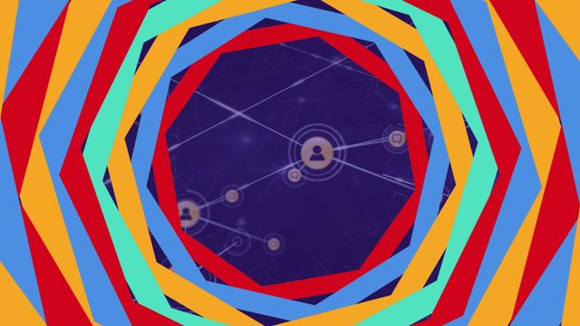 This abstract animation featuring colorful geometrical shapes overlaying a network of connections on a purple background can be used for technology-themed presentations, digital interface demonstrations, or graphic design purposes. Ideal for illustrating concepts of networking, communication, and data processing in digital and futuristic contexts.