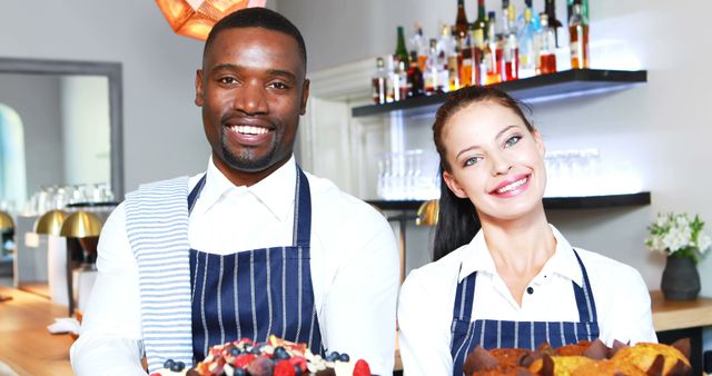 Smiling Baristas Holding Fresh Pastries in Modern Cafe - Download Free Stock Images Pikwizard.com