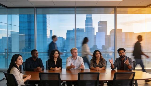 Executive team collaborating around boardroom table with city skyline sunset view