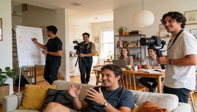 Presenting on sofa while production crew filming in open-plan living room with flip chart