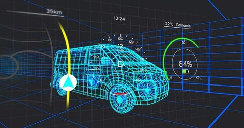 Futuristic vehicle navigation interface in 3d grid model