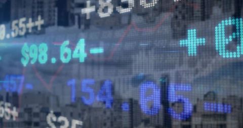 Stock market display overlay against urban skyline with teal tickers