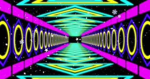 Neon sci-fi tunnel drawing viewer into glowing concentric rings and chevron reflections