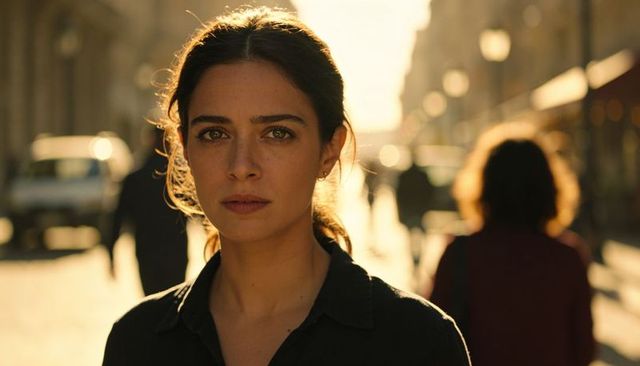 Pensive woman standing in golden city light on busy street, cinematic urban portrait