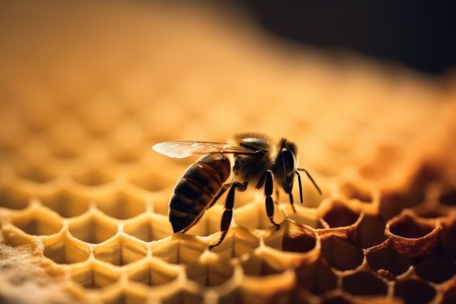 Close up of bee on honeycomb on black background created using generative ai technology. Nature, animals and insects concept digitally generated image.