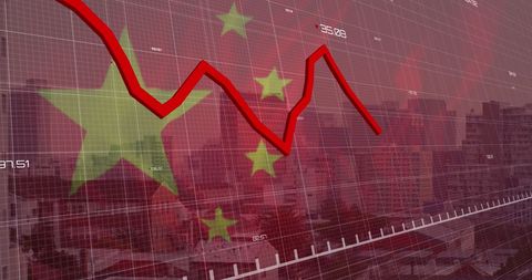 Red Line Indicates Decline over Chinese Flag and Cityscape - Download Free Stock Images Pikwizard.com