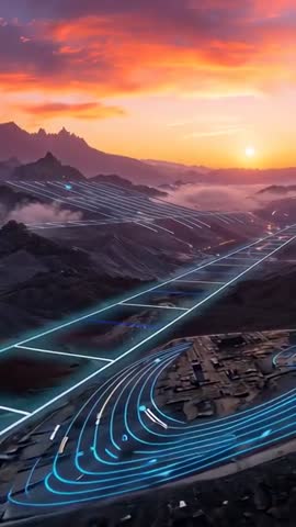 Vertical Video: Neon-Blue Grid Pulsing Across Mountain Valley at Sunset Linking Compound to Ridges