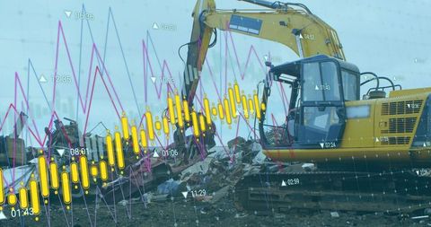 Operating yellow excavator demolishing urban rubble with data analytics overlay