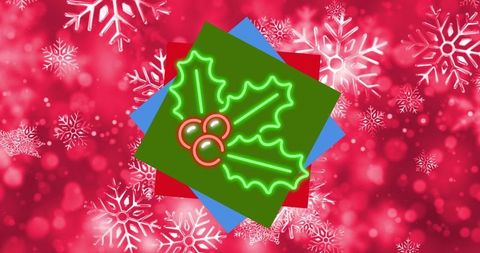 Festive Neon Holly Design with Snowflakes and Geometric Background