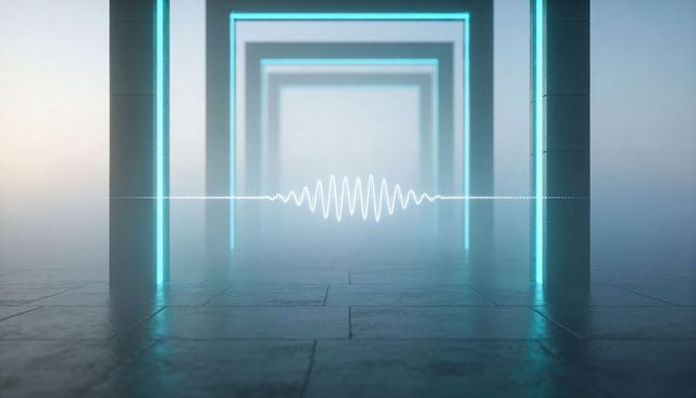 Futuristic neon corridor with floating audio waveform, cyan led frames and mist