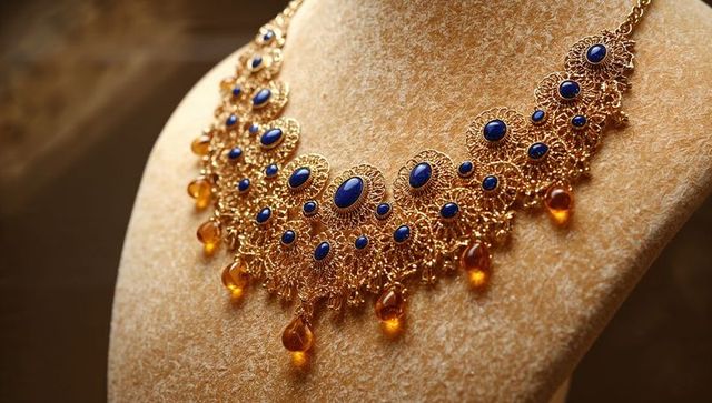 Intricate gold filigree necklace with blue gemstones and amber beads