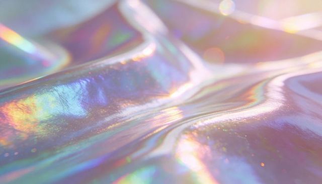 Iridescent holographic fabric ripple with pastel prismatic light and glitter bokeh